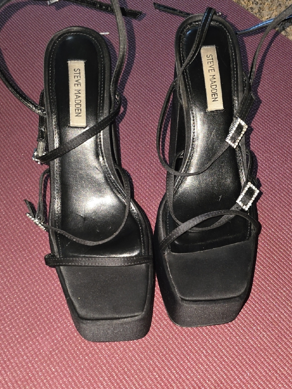 Steve Madden Black Strappy Platform Heels with Rhinestone Buckles